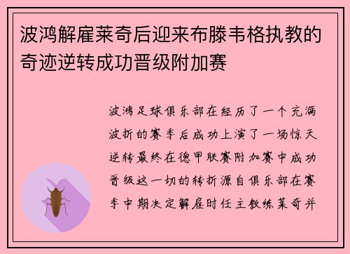 波鸿解雇莱奇后迎来布滕韦格执教的奇迹逆转成功晋级附加赛 波鸿解雇莱奇后迎来布滕韦格执教的奇迹逆转成功晋级附加赛