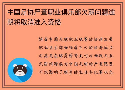 中国足协严查职业俱乐部欠薪问题逾期将取消准入资格 中国足协严查职业俱乐部欠薪问题逾期将取消准入资格